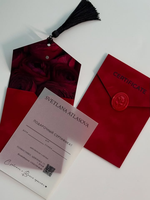 Enveloppe personnalisée en velours pour certificat cadeau avec pompon, logo doré, sceau de cire, pochette pour carte d'invitation en vélin, bon cadeau pour salon