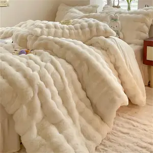 Cream White Rabbit Fluff Faux Fur Duvet Cover Set Fluffy Comforter For Full Size Bed 3Piece Plush Fuzzy Bedding