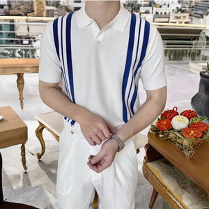 เสื้อเชิ้ตผู้ชายแขนสั้นลายทางตัดสี ผ้าไหมน้ำแข็งถัก ระบายอากาศดี ทรงเข้ารูป สไตล์ลำลอง สำหรับฤดูร้อน ไซส์เอเชีย - Product Image 2