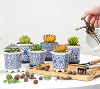 Lot de 6 pots à succulentes en céramique émaillée bleu et blanc à motifs floraux, petit pot à cactus de 3,3 pouces avec drainage, vente en gros