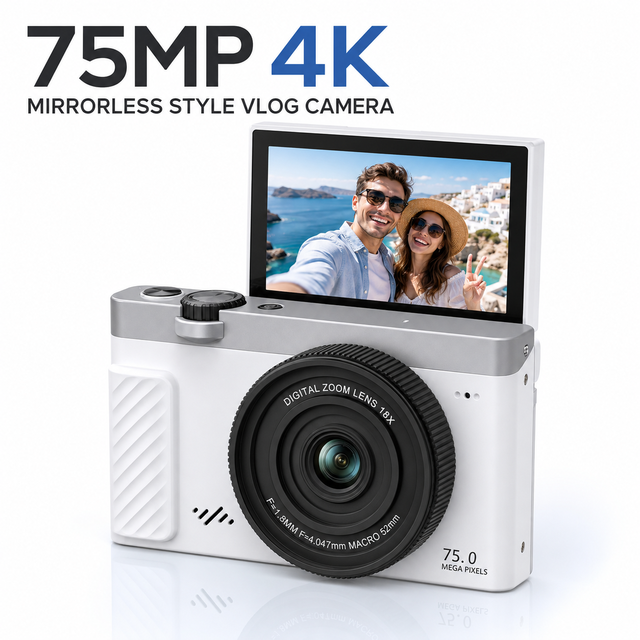 75MP 4K CMOS Sensor Digital Camera 3.0in Flip Screen 18X Zoom WiFi Selfie Vlog Cam White Mirrorless Style Lithium Battery TF