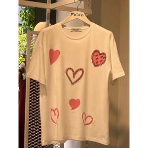 Fiori Women's T-Shirt 100% Cotton Jersey Regular Sleeve <b>Heart</b> <b>Print</b> Breathable Summer <b>Top</b> - Product Image 1