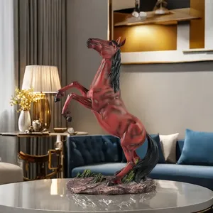 Vendita calda dinamico rosso-marrone resina statua di cavallo con criniera nera, posa di allevamento sulla Base di erba, elegante arredamento per la casa per il soggiorno - Product Image 1