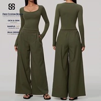 TongJoes Ensemble de sport décontracté 2 pièces à col en V, coupe ajustée, respirant, séchage rapide, couleur unie, taille haute, pour course en extérieur 9599
