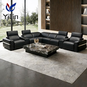 Canapé d'angle modulaire inclinable en cuir véritable en forme de U, avec double moteur et éclairage d'ambiance, pour salon - Product Image 4
