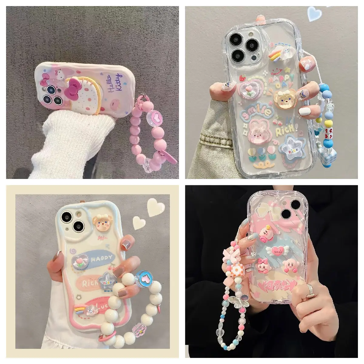 Funda de gradiente de conejo 3D de dibujos animados de IVANHOE para iPhone 14 13 12 11 Pro Max X Xr Xs 7 8 6 6s Plus SE 2, funda de oso con cordón para la muñeca