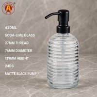 Distributeur de savon en verre côtelé transparent 420 ml, flacon cylindrique à col de 27 mm, pompe à lotion noire mate, vente en gros pour salle de bain