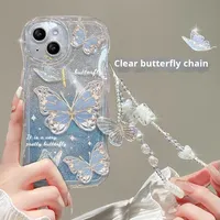 Housse Bcak en forme de vague avec lanière pour Apple 16 Pro Max Design papillon mignon étui transparent à paillettes antichoc pour iPhone 15