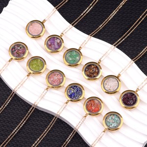 Mode cornaline 25mm or rond en <span class=keywords><strong>acier</strong></span> inoxydable tenir pierre concassée boîte pendentif collier bijoux breloque personnalisé collier cadeau - Product Image 5