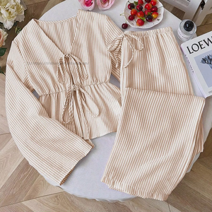 Women's New Arrival Comfortable Striped Loose-Fit <b>Tie</b>-Front Top & Pants Casual 2-Piece <b>Set</b> Fashion - Product Image 4