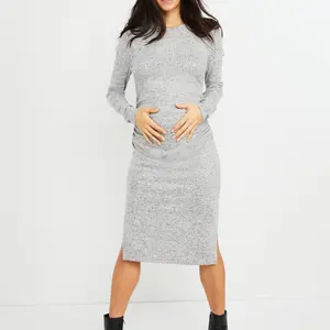 New Fashion Knit Maternity Dress Long Sleeve Slit Bottom Maternity Comfortable Dress Plus Size Dress