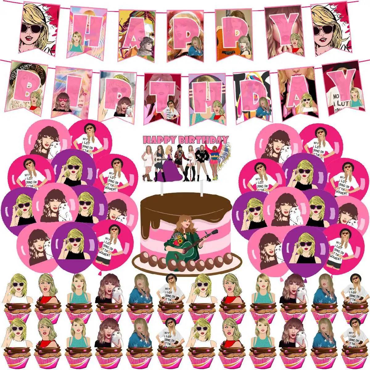 Nieuwe Aangepaste Afdrukbare Kinderen Verjaardag Banner Opknoping Wervelingen Ballonnen Cupcake Toppers Pack Decor Taylor Swift Feestartikelen