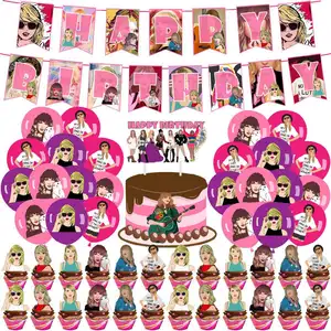 Pancarta de cumpleaños para niños imprimible personalizada, globos colgantes con remolinos, paquete de decoración para cupcakes, suministros para fiestas de Taylor Swift