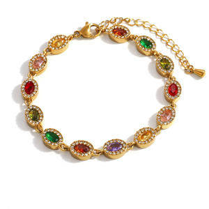 Stainless Steel <b>Bracelet</b> With Colored Zircon 18k Gold Plated Oval Geometric Design <b>Rainbow</b> Multi Color Fashion Jewelry - Product Image 5