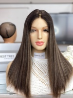 Perruque Casher Juive SHY en Cheveux Humains Vierges Premium, Bonnet Ajustable, Entièrement Nouée à la Main, Couleur Brun Foncé, Vente en Gros pour Distributeurs
