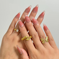 Faux ongles à presser en acrylique, forme amande, longueur moyenne, dégradé rose pêche, rose nude doux, avec nœud doré, personnalisables, vente en gros