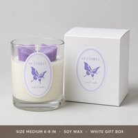 Bougie parfumée en verre décorée de papillons 3D, cire blanche crème, papillon violet, paillettes argentées, boîte cadeau blanche, taille moyenne