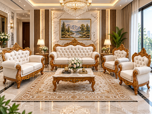 Juego de Sofás Clásicos Dorados de Lujo, Diseño Clásico Europeo, Muebles Antiguos Premium Hechos a Mano, Asientos Tapizados para Sala de Estar - Product Image 1