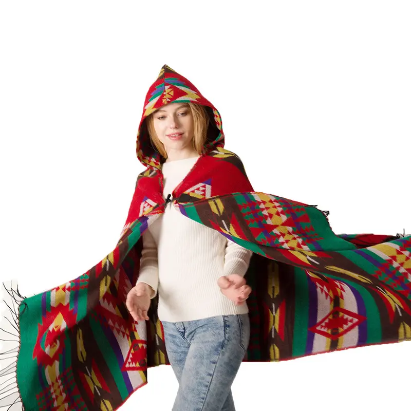 Wholesale Factory Knitted Designer Tassel Aztec Winter Open Ethnic Shawls Blanket Hooded Scarf Poncho Feminina