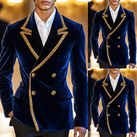 Costume de mariage homme en velours bleu avec revers à sequins dorés, veste ajustée, pour fête d'anniversaire, bal de promo, tenue de marié, 2 pièces (Blazer + Pantalon)
