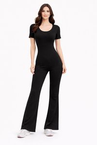 Tuta intera da donna marrone a maniche corte con scollo rotondo, in maglia, lunghezza intera, con tessuto elasticizzato per abbigliamento sportivo - Product Image 3