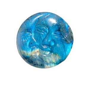 Hotsale natural high quality hand carved small labradorite blue flash sun and moon smile face heading carvings for decoration