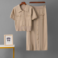 Ensemble de chandail tricoté pour femmes, haut à manches courtes beige d'été avec jupe, tenue deux pièces respirante, look tendance