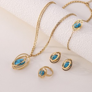 Mode Bleu <span class=keywords><strong>Turquoise</strong></span> Globe Pendentif Collier Boucles D'oreilles Ensemble Étanche En Acier Inoxydable PVD Plaqué Or Ensemble de Bijoux - Product Image 2