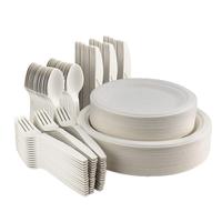 Assiette Biodégradable Jetable en Canne à Sucre avec Couverts en Amidon de Maïs Couteau Fourchette Cuillère Ensemble de Vaisselle Jetable en Canne à Sucre