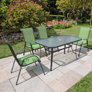 7 pezzi sedia impilabile <span class=keywords><strong>in</strong></span> metallo per esterni <span class=keywords><strong>e</strong></span> <span class=keywords><strong>tavolo</strong></span> <span class=keywords><strong>da</strong></span> <span class=keywords><strong>giardino</strong></span> set di mobili 150x90cm - Product Image 1