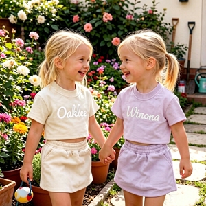 Set Personalizzato con Nome Ricamato <span class=keywords><strong>per</strong></span> <span class=keywords><strong>Bambina</strong></span>, Maglietta a Maniche Corte e Gonna Corta in Spugna Francese, Set Boutique <span class=keywords><strong>per</strong></span> Bambine - Product Image 1