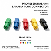 Prise banane de sécurité 4 mm à montage sur circuit imprimé, en laiton plaqué or avec boîtier isolant PA, 5 couleurs, max. 32A, pour test de puissance industrielle