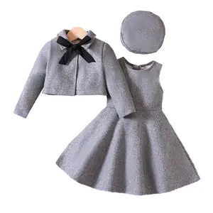 童装女童新款冬季设计蝴蝶结羊毛夹克背心裙套装