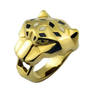 Venta caliente de alta polaco de 14k chapado en oro punk hip hop hombres leopardo cabeza anillos