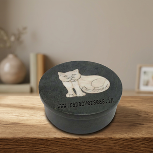 Boîte à bijoux ronde sculptée en pierre savonneuse avec motif de chat sur le couvercle pour femmes et filles - Product Image 3