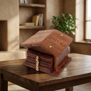Juego de posavasos de madera con incrustaciones de latón, artesanal, de madera de Sheesham, para bebidas, decoración artesanal de lujo, para mesa de cocina - Product Image 1