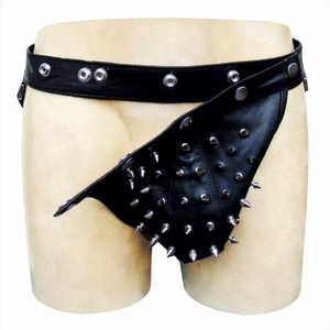 Short en cuir noir style punk pour homme avec clous et rivets argentés, taille mi-haute et fermeture élastique - Product Image 2