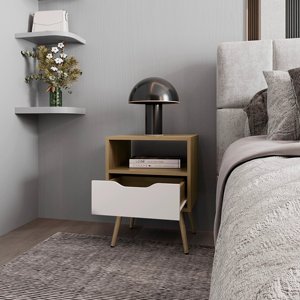 Natural Oak And White Nightstand With <b>Open</b> <b>Storage</b> And Drawer - Product Image 6