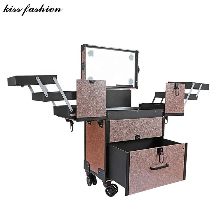 Lighting Aluminum leather hard train beauty makeup train case with drawer with light mirror