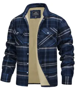 Mens Fleece Lining Jackets, Flannel Cotton Jackets Plaid Casual Button Down Cargo Work Coats Thicken Outwear Tops