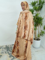 Abaya Femme Dorée Brillante à Manches Cape avec Imprimé Feuille d'Or, Robe Musulmane Tendance avec Hijab Assorti pour l'Aïd, Mariage et Banquet Formel