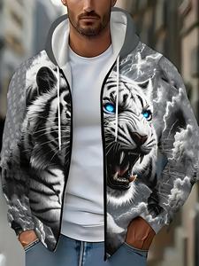 Felpa con Cappuccio Oversize da <span class=keywords><strong>Uomo</strong></span> Stile Streetwear Invernale con Stampa Digitale 3D <span class=keywords><strong>Tigre</strong></span> Bianca in Poliestere/Cotone Felpato - Product Image 2