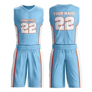 Ensemble de shorts de basket-ball sublimés personnalisés, col en V, sans manches, bleu clair, blanc, orange, numéros d'équipe - Product Image 1