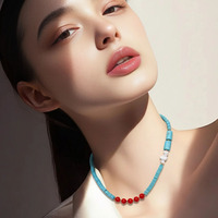 Collier multicolore en pierres naturelles, style bohème, fait main, perles turquoise et rouges, collier ras du cou pour femme