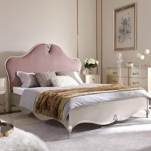 Vendita calda OEM ODM stile francese di lusso in legno rosa velluto mobili da letto principessa Set da letto