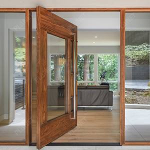 Puerta de Entrada de Madera Maciza de Alta Calidad con Doble Vidrio Templado Color Madera Original, con Manija Larga y Pivote para Casa - Product Image 2