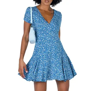 Women Deep V neckline Blue Floral print Ruffle hemlin Youth College style Summer Mini dress