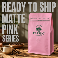 En stock – Sachet refermable rose mat personnalisé à huit soudures latérales et fond plat pour café/aliments pour animaux/sachets de haricots, 250g, 500g, 1 lb, faible MOQ, expédition immédiate