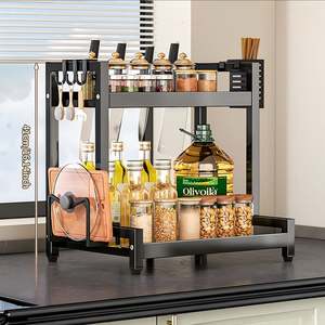 Modern 2-Layer <b>Kitchen</b> Countertop Spice Organizer Rack Multi-Functional Metal Seasoning Storage with <b>Hooks</b> and Chopstick Holder - Product Image 2