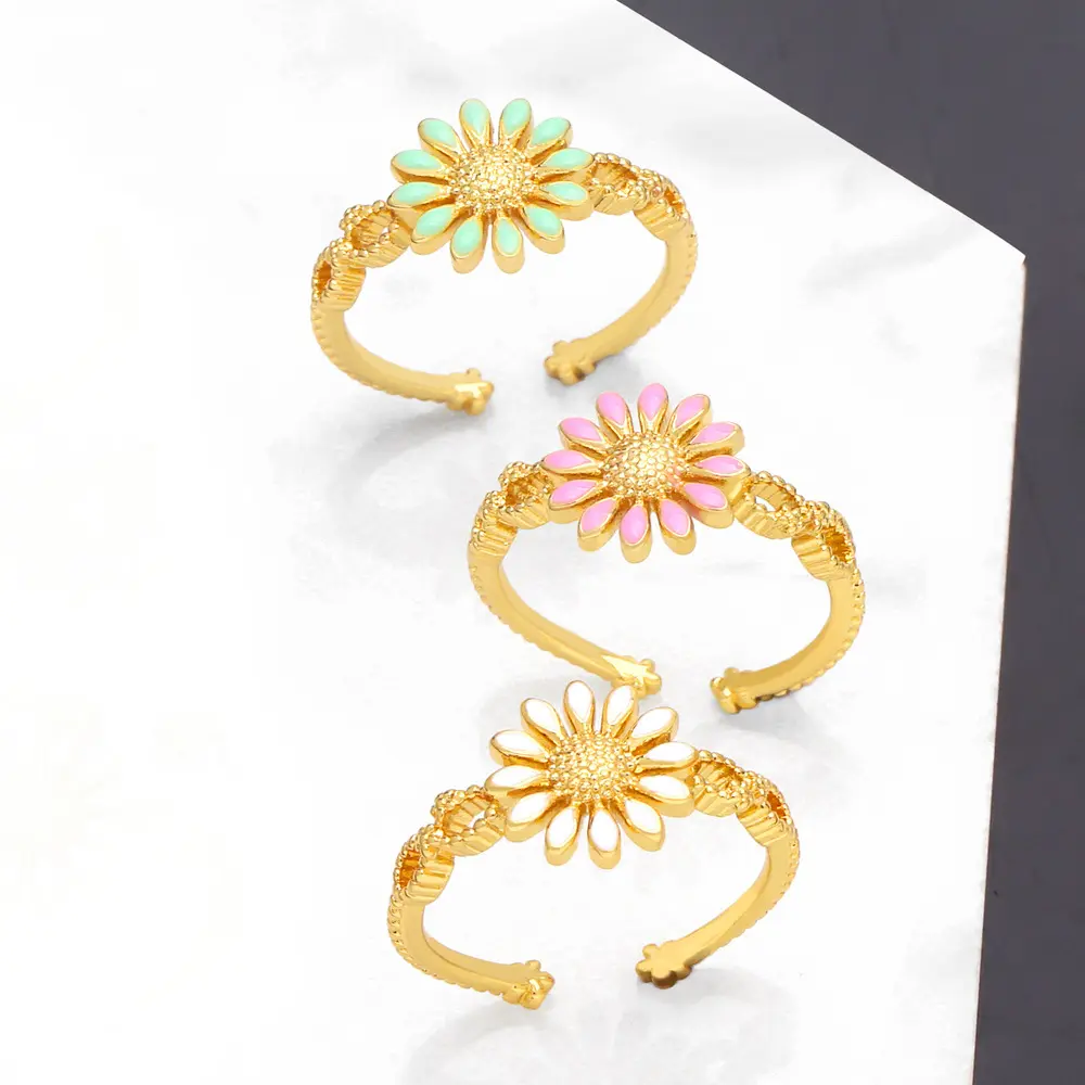 Ins Boho Sweet Oil Dripping Small Flower Adjustable Rings Jewelry 18K Gold Plated Colorful Enamel Daisy Open Ring